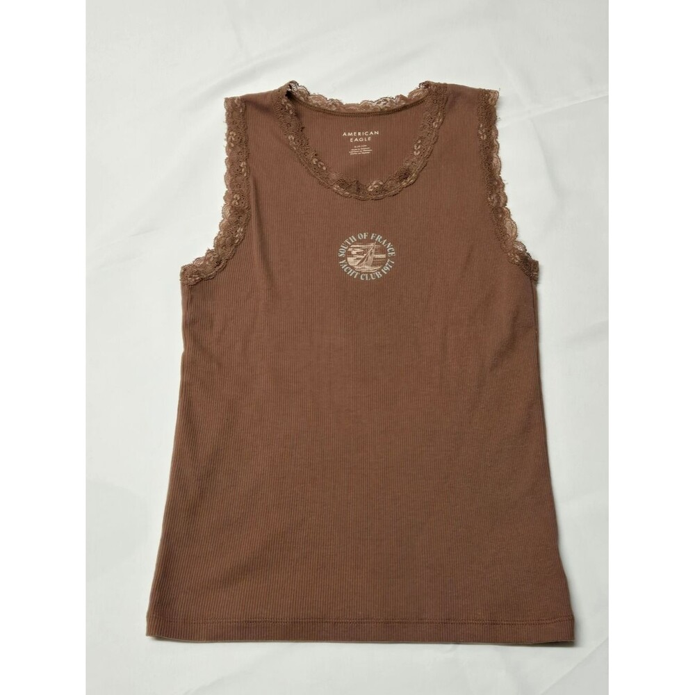 American Eagle Tank Top Brown Graphic Lace Womens Small Ribbed